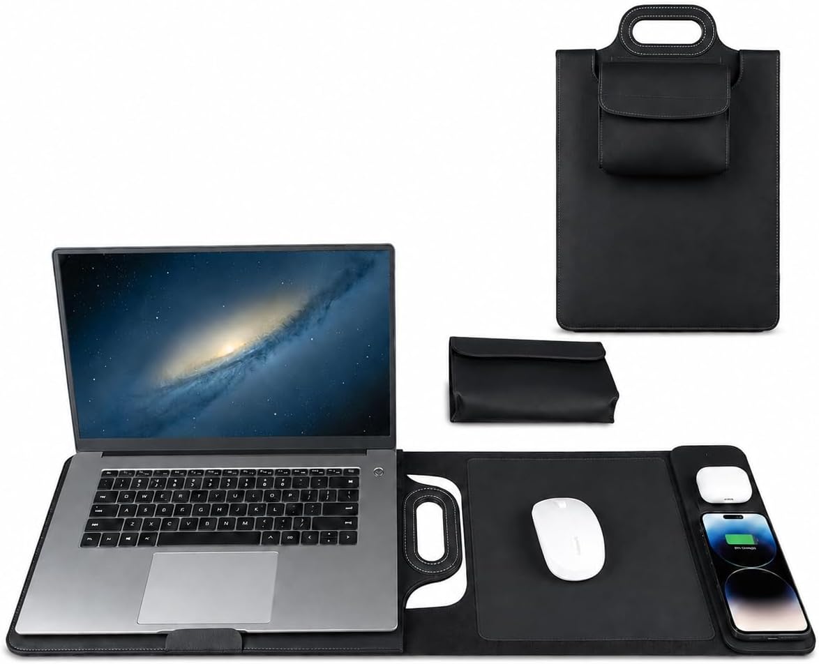 Portable Laptop Workstation with 15W Phone Charging and Wireless Earbuds Charging, PU Leather Desk Mat for Laptops and Tablets Up to 16 Inch, Carrying Sleeve, Stand, Mouse Pad and Storage Pouch