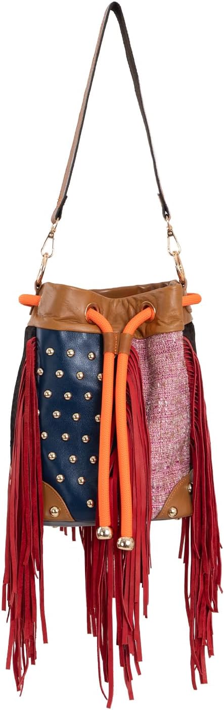 Bohemian style women's genuine leather bucket shaped handbag, colorful crossbody bag with tassel and stud details, detachable shoulder bag for daily use