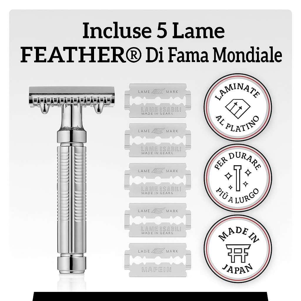 Mr. Fine Premium Double Edge Safety Razor for Wet Shaving, Single Blade Razor, Close Shave, Open-Comb Guard, 100% Metal w/Stainless Steel Core, 5 Feather Blades