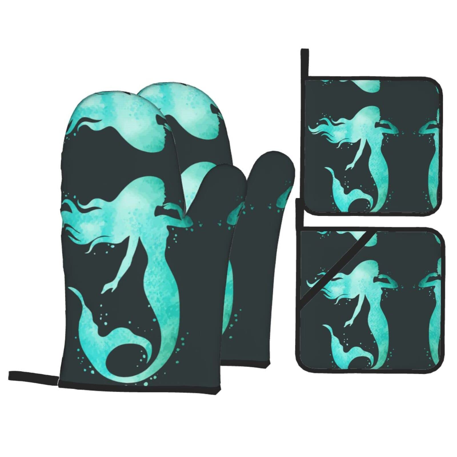 Mermaid Oven Mitt and Pot Holder 4-Piece Set for Kitchen, Outdoor Grill, Baking