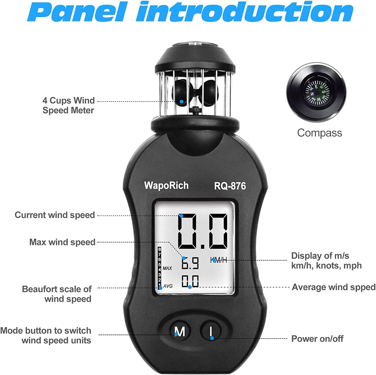 Anemometro a tazza a 360° portatile, WapoRich RQ-876 misuratore di velocità del vento con velocità del vento/temperatura del vento/test massimo/medio per HAVC, volo con drone, pesca, tiro