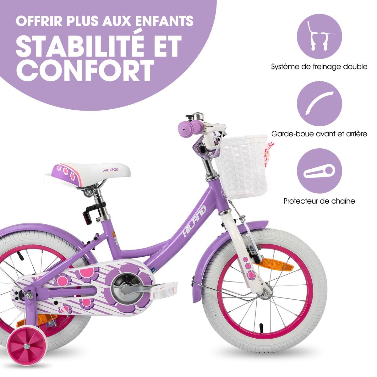 HILAND Vélo Fille 12 14 16 Pouces avec Roues Stabilisatrices et Panier, Frein à Main et Rétropédalage, Rose Violet Blanc