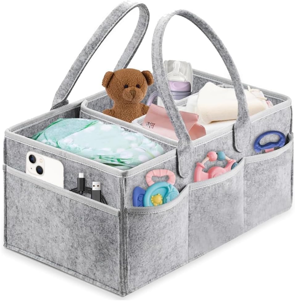 Cute Baby Diaper Caddy Organizer Baby Storage Basket with Removable Compartments Felt Portable Nappy Foldable Bag Organiser for Newborn Mothers Used to Store Nappies, Paper Towels&Baby Bottles-image-14