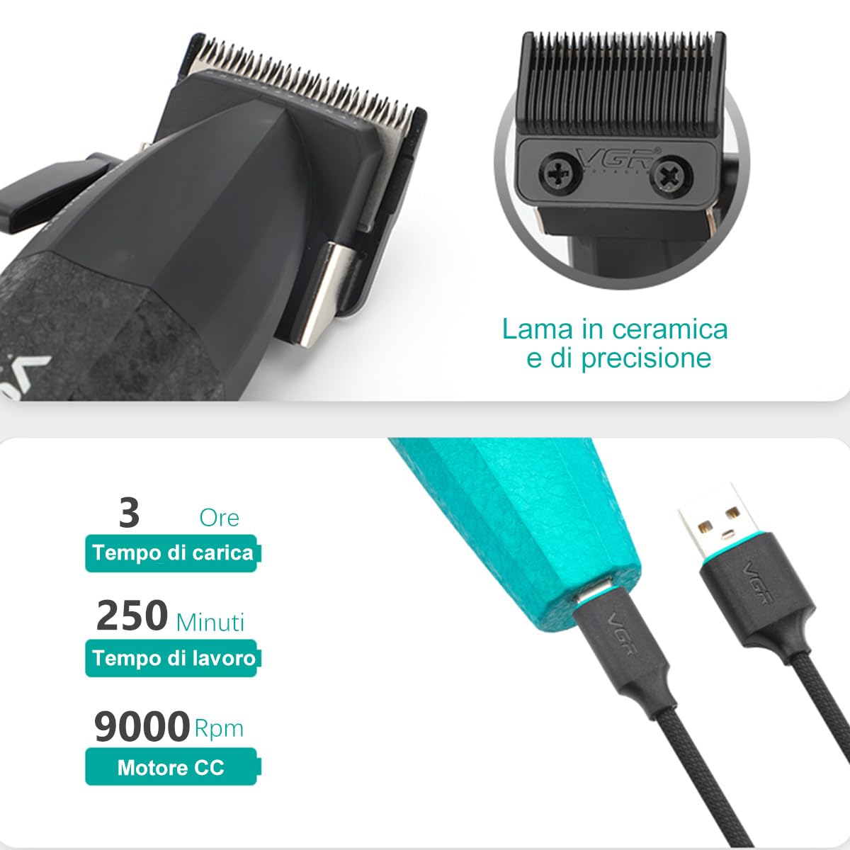 VGR 640 S2 Tagliacapelli Professionale Per Uomo, Set Di Tagliacapelli E Trimmer Senza Fili, Zero Gap T-Blade, Lama In Ceramica DLC, Kit Barbiere Di Alta Qualità Con Display LED (Verde)