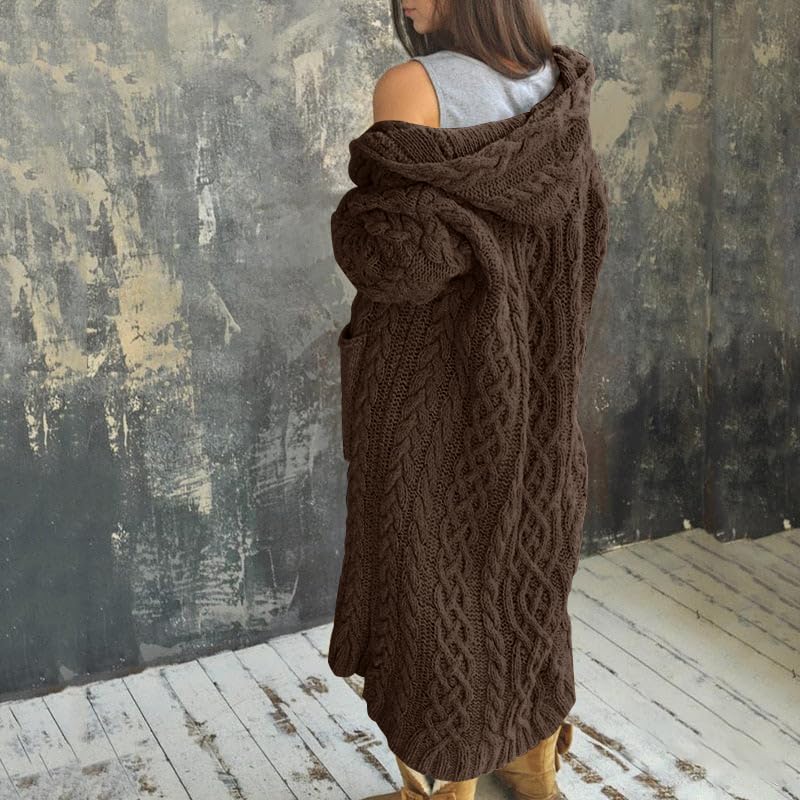 NIUBIA Womens Casual Long Sleeve Open Cardigan Warm Hooded Outwear Coat Cable Knit Long Cardigan Sweaters with Pockets: Small Coffee