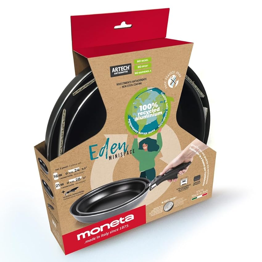Moneta Eden Minispace set di padelle antiaderenti 24 + 28 cm + manico removibile, alluminio riciclato, 100% Made in Italy