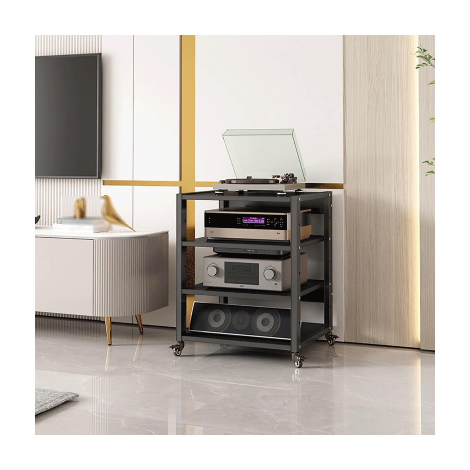 Rack para torre audiovisual de 4 niveles, estante para consolas y videojuegos con ruedas
