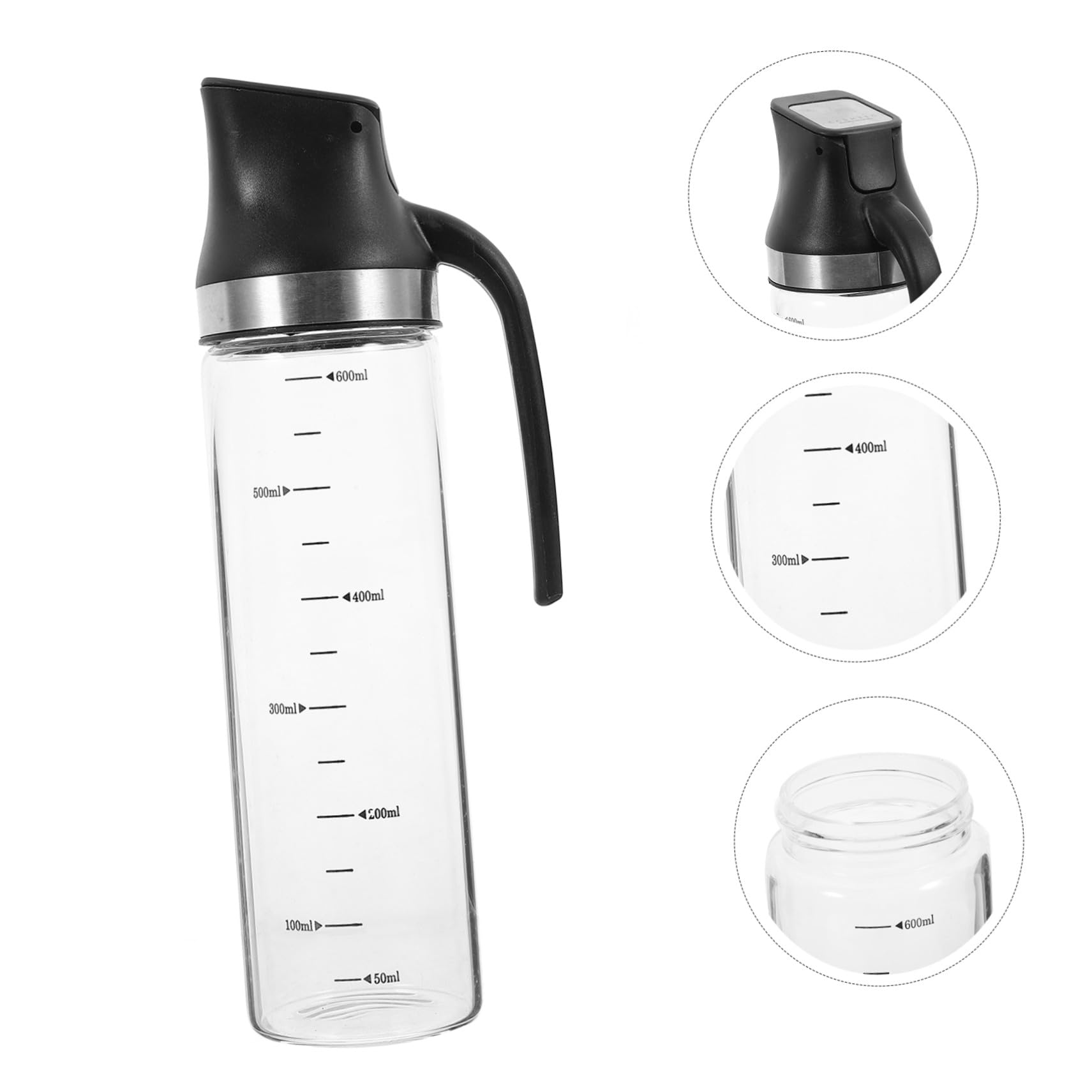 Aceitera de Vidrio Negra con Escala, Asa Ergonómica y Uso Cocina | Acero Inoxidable y Pp, Formato Portátil, Recipiente para Aceite y Vinagre, Bote para Salsa