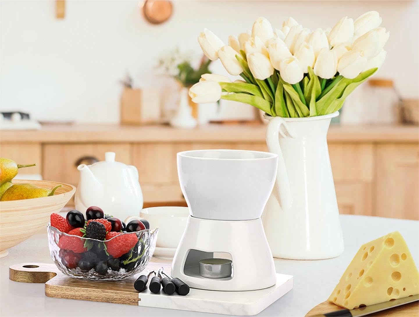 Juego de Fondue de Chocolate Fundidor de Queso de Blanco Figura 8 con 4 Tenedores 400ML Mini Calentador de Cerámica para Chocolate Queso Helado Mantequilla Velas