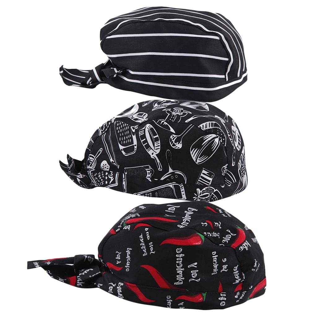 Harilla 3PCS Chef Tie Back Cap Chef Pirate Headwrap Hat Bandana Hats Adjustable