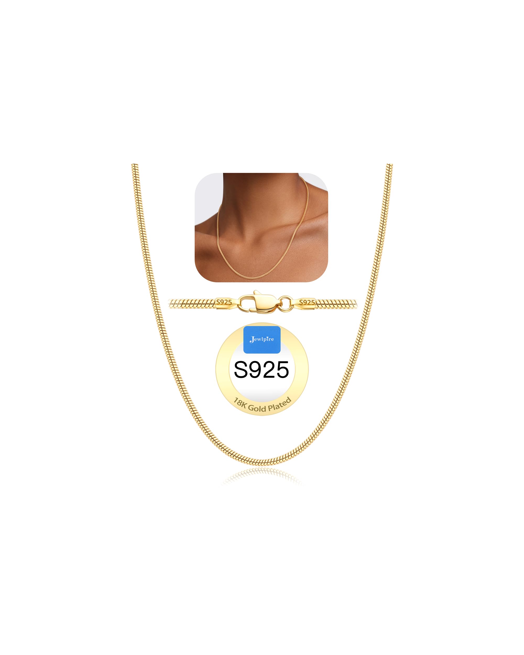 Jewlpire Solid 24K Over Gold Chain Necklace for Women Girls, 1.1mm Cable Chain Gold Chain for Women Italian Quality & Thin & Lightweight & Sturdy Women's Chain Necklaces, 18 Inches
