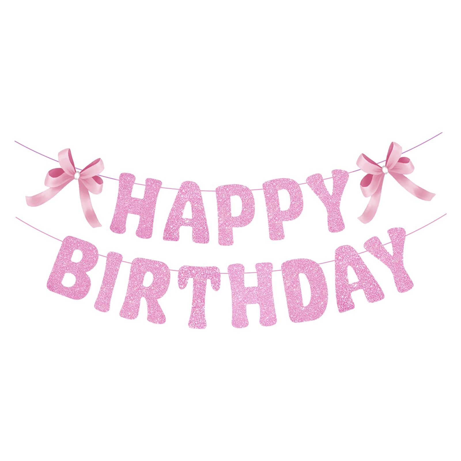 VGRDTW Pink Bow Happy Birthday Banner Garland with 13 Letters 2 Bows, Cardstock Party Decorations for Girls Women Birthday Baby Shower
