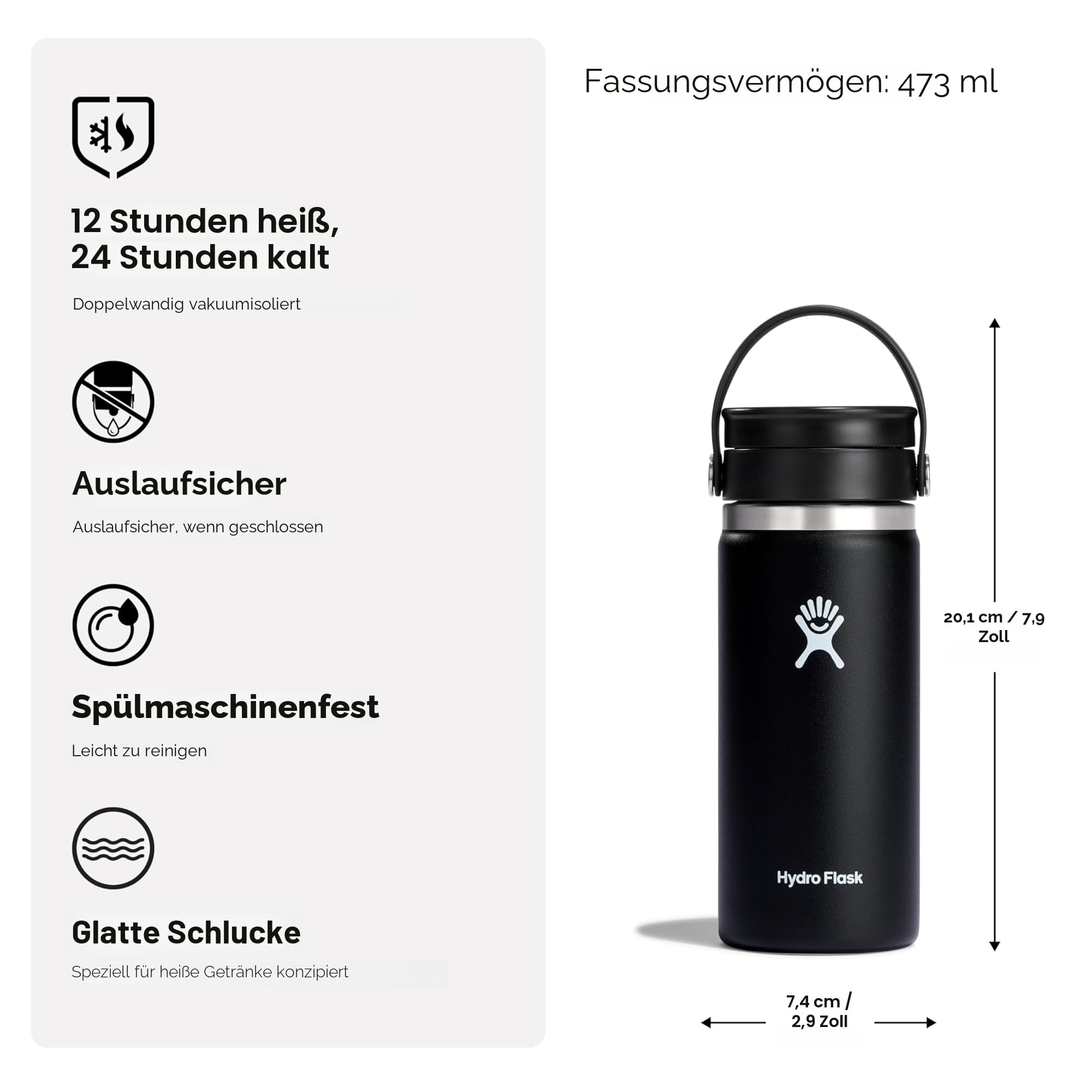 HYDRO FLASK Reise-Kaffeeflasche, 473 ml, vakuumisolierter Edelstahl-Becher mit Flex-Trinkdeckel, BPA-frei, breite Öffnung, Steingrau