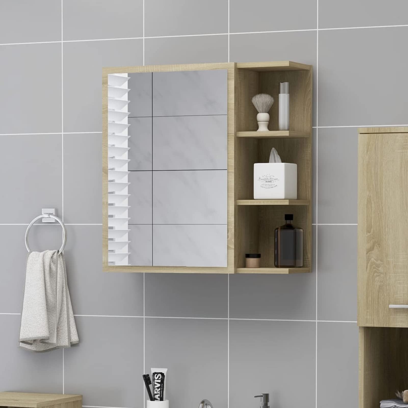 Homgoday Szafka łazienkowa z lustrem, dąb sonoma, 62,5 x 20,5 x 64 cm, drewno inżynieryjne, szafka do przechowywania, meble łazienkowe, toaletka, przechowywanie mebli łazienkowych