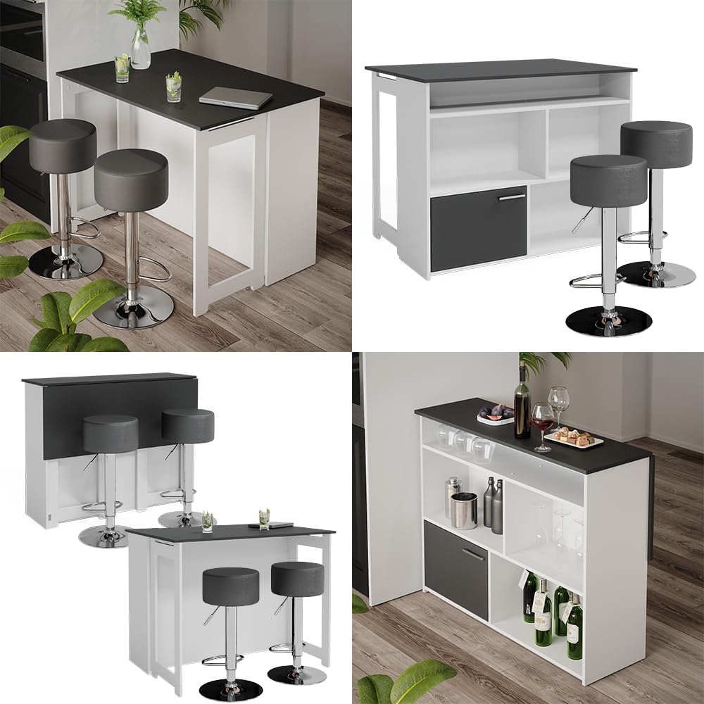 Vicco Set de Mesa de Bar Dominic, Antracita/Blanco, 116 x 37 cm con 2 taburetes de Bar, Tablero de Mesa abatible para Uso Flexible en Espacios pequeños