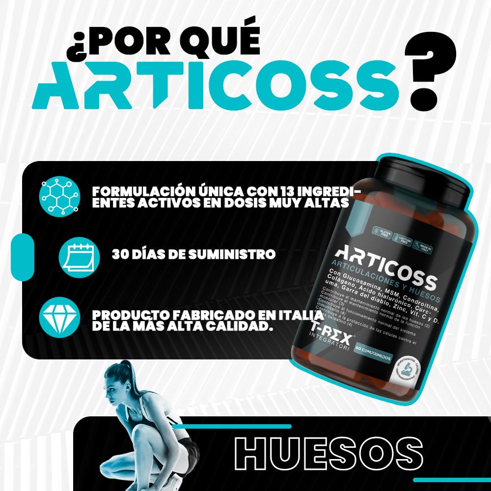 ARTICOSS Suplemento para Articulaciones, Huesos y Cartílagos con Glucosamina, Condroitina, MSM, Garra del Diablo, Vitamina C y D, Colágeno y Ácido Hialurónico. 60 comprimidos.