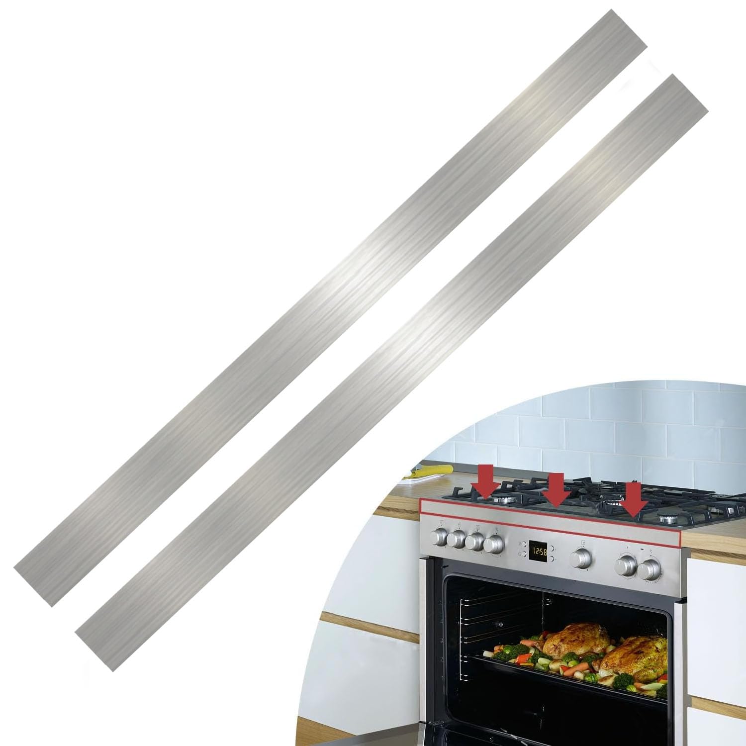 View 1 of 2 Pcs 304 Stainless Steel Strips, Brushed Self Adhesive Strip Metal Trim Strip, Finishing Sheet Metal Strips for Microwave/Oven/Range/Cooktop, 30" Long, 1.5" Wide Gap Filler for Kitchen Decor