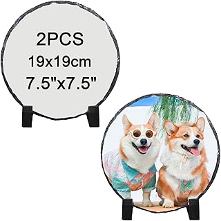 2 Pack Sublimation Slate Blanks 7.5x7.5 Inch Round Custom Stone Slate Picture Frame Heat Transfer Rock Photo Plaque with Display Stand Decoration for Desktop Souvenir DIY Personalized Gift