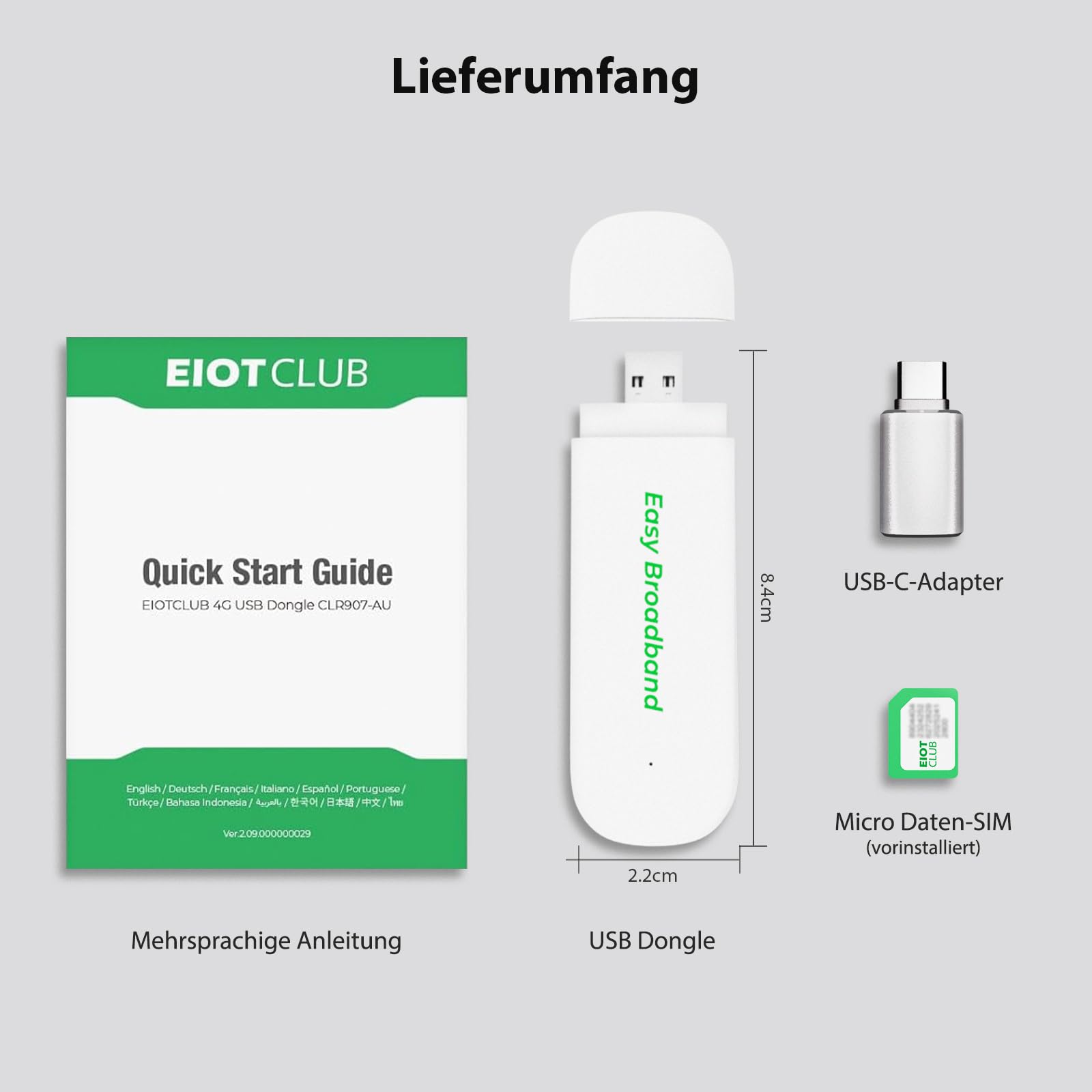 EIOTCLUB 4G LTE Surfstick für Europa, 150 MBit/s Plug & Play Internet Stick, Prepaid Reise-WLAN & Mobiler Hotspot für Laptop/Auto mit WiFi 6 & USB-C Adapter (inkl. fest gebundener SIM-Karte)