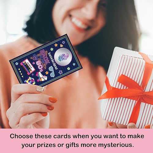 Miniatura 5 de 50 tarjetas de juego para raspar con temática de regreso a los años 80, divertidas tarjetas retro de bola de luz de disco para cumpleaños, fiesta