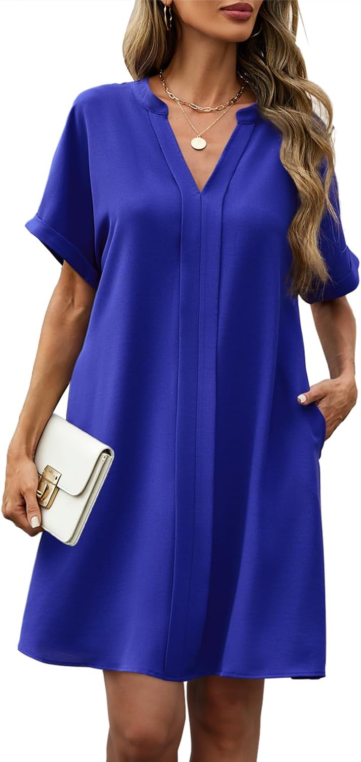 Lamilus Summer Dresses for Women Short Sleeve Shift Dress V-Neck Casual Mini Beach Vacation Sundress with Pockets