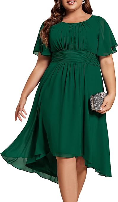 Ever-Pretty Women's A Line Crew Neck Short Sleeves Pleated Elastic Back Chiffon Midi Plus Size High Low Wedding Guest Dresses