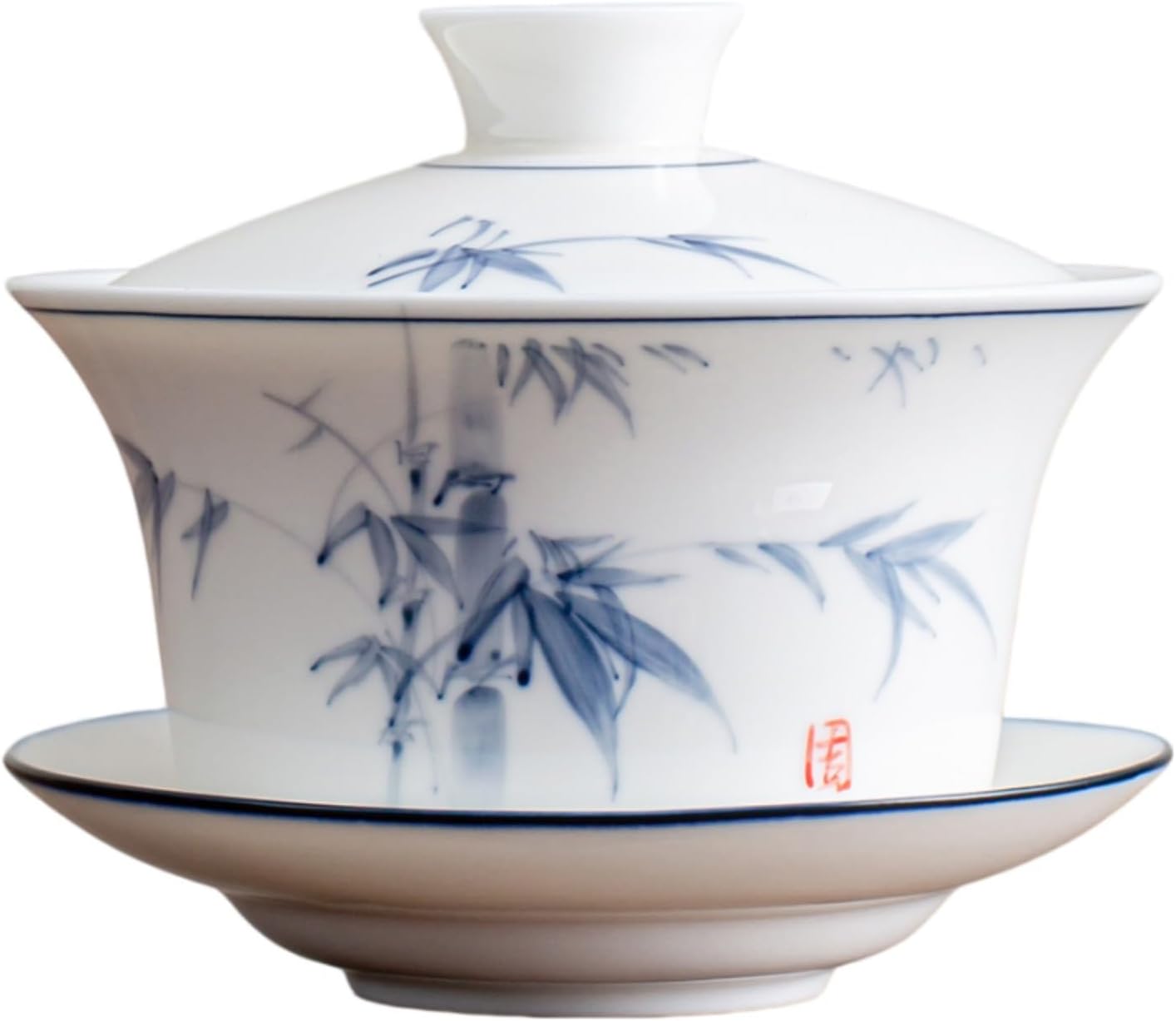 羊旨玉瓷茶杯可悬停旋转大号不烫手八宝茶盖碗 Ceramic Kung Fu Tea Set,teapot,Teacups,warming Wedding Birthday Gift,Tea Tray Chinese,Dishwasher Safe 大号手绘-竹影