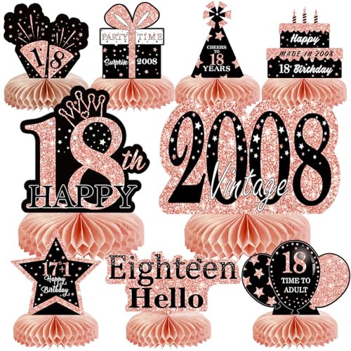 Image of 9Pcs Rose Gold Pink 18th Birthday Decorations Honeycomb Centerpieces for Girls,Happy 18th Birthday Centerpieces Tables Toppers Party Decorations Supplies,Vintage 2008 Aged Table Sign Decor