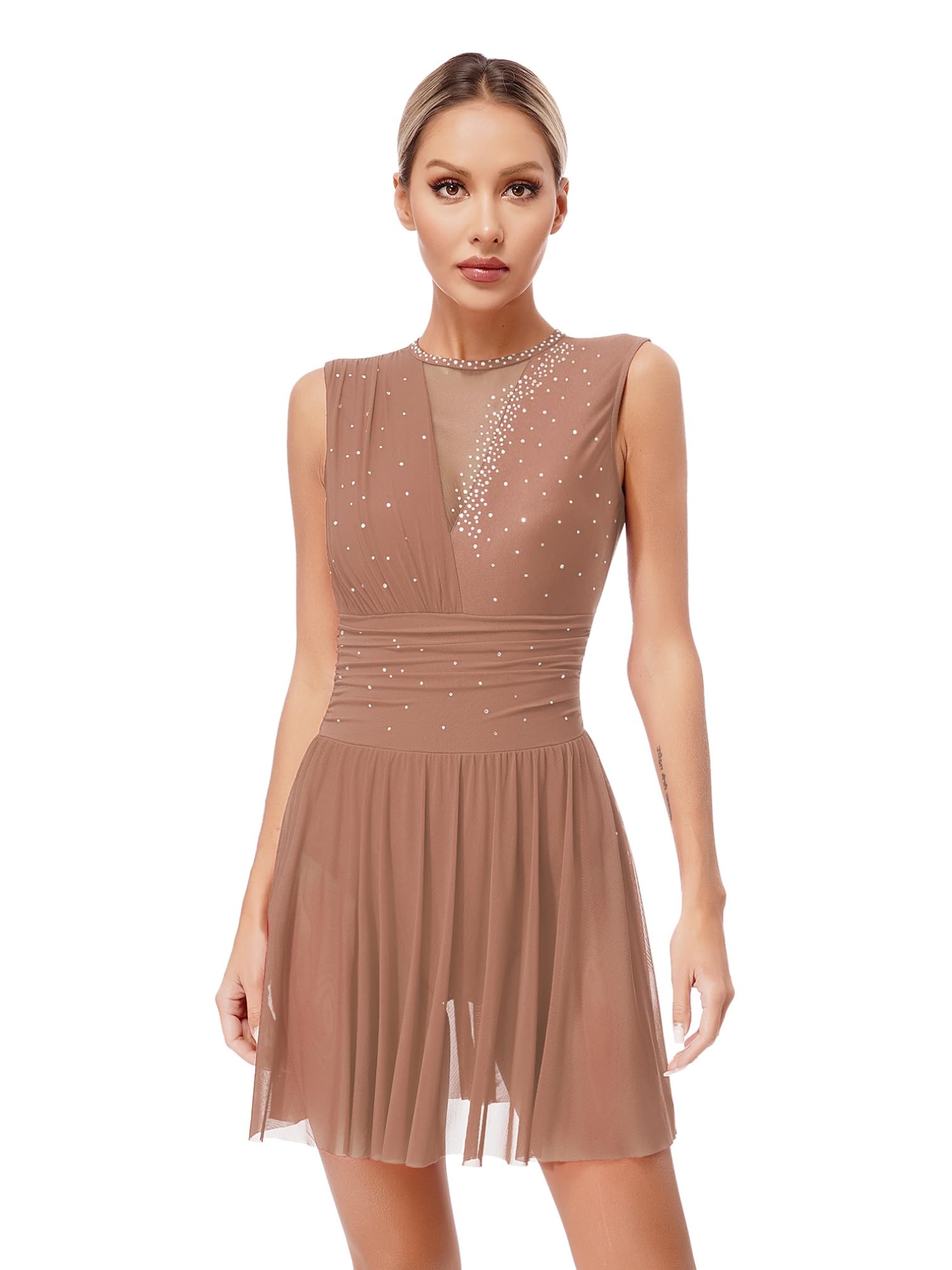 easyforever Women's Sleeveless Sheer Mesh Figure Ice Skating Dress Shiny Lyrical Dance Costumes DDustyPink Small