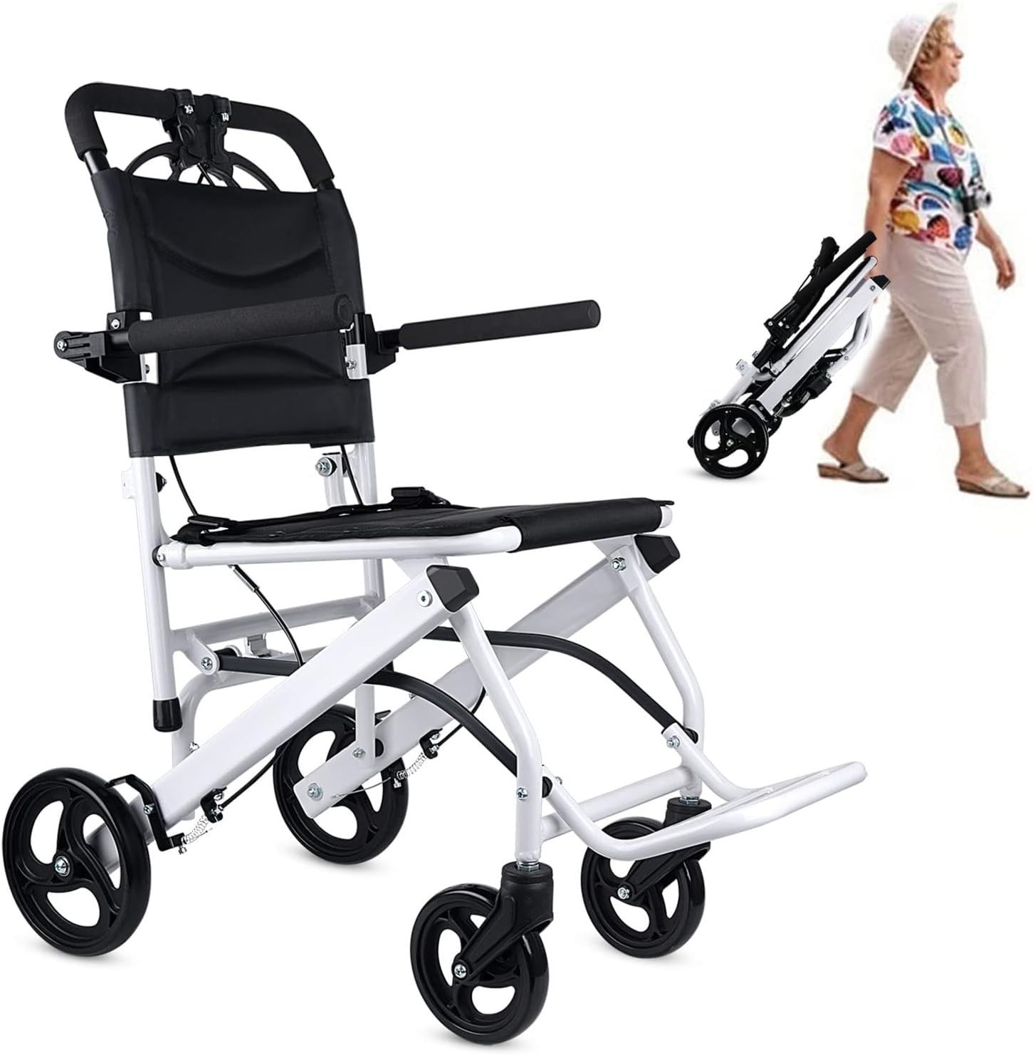 SXSLTSA Ultra-Light Transport Wheelchair - Folding Portable Wheelchair with Hand Brake - Trolleys for Elderly Aircraft Travel with Bag
