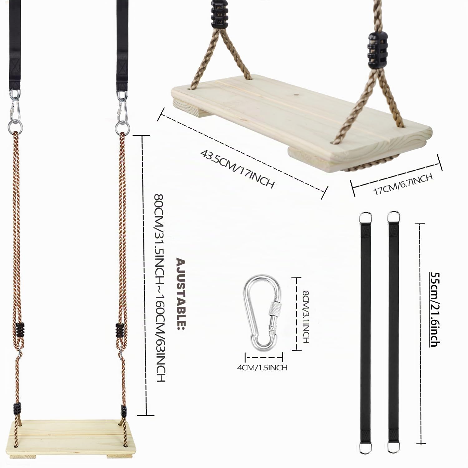 KINSPORY Columpios Infantiles de Madera, Columpio Jardín Exterior Niños con Cuerda de cáñamo Ajustable, para Uso Interior y Exterior, Columpios Infantiles hasta 130 kg