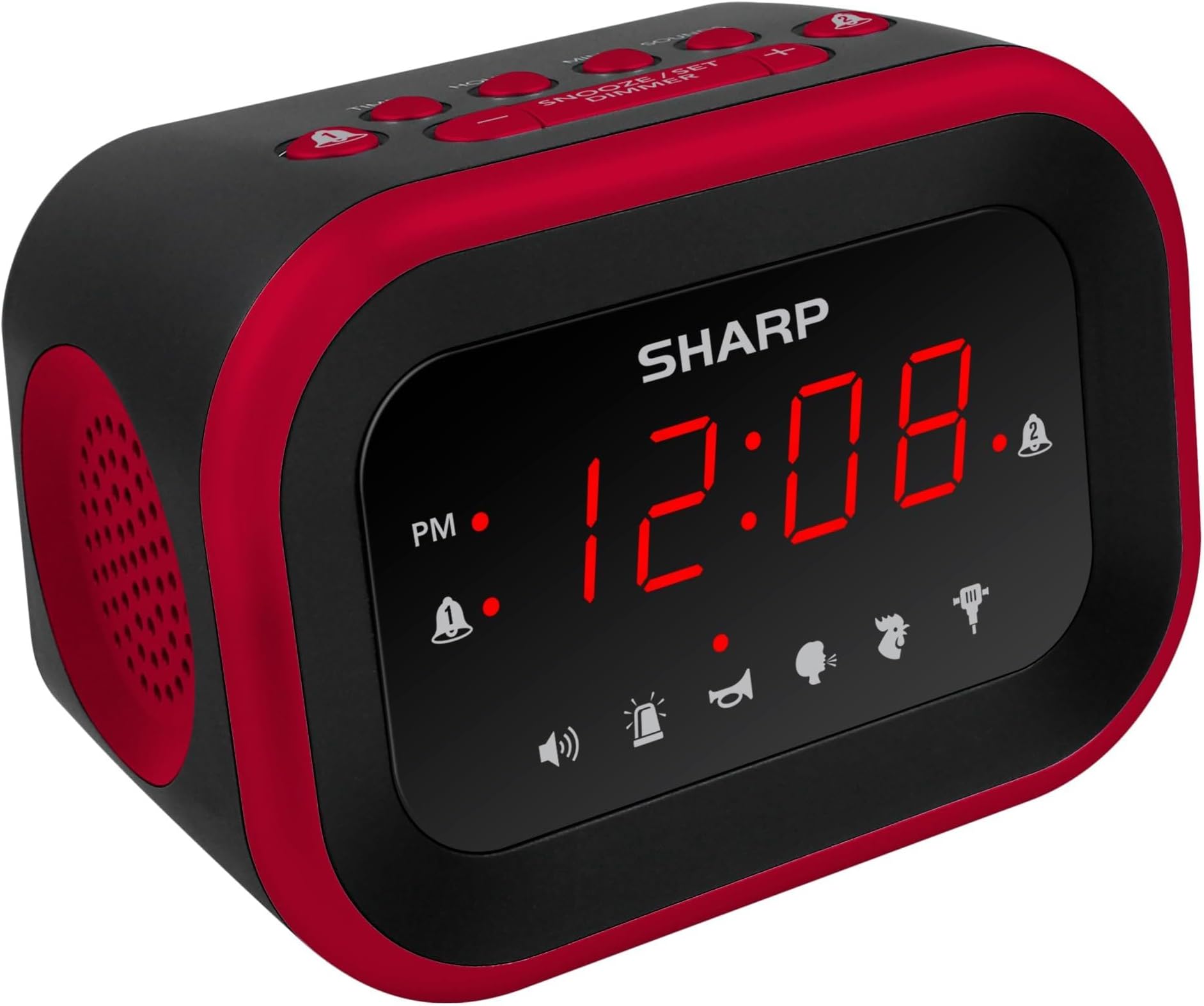 SHARP Big Bang Super Loud Alarm Clock for Heavy Sleepers, 6 Extremely Loud Wake Up Sounds: Rooster, Bugle, Nagging Mom, Jackhammer, Siren, Beep – Up to 115db Volume, Red/Black with Red LED Display