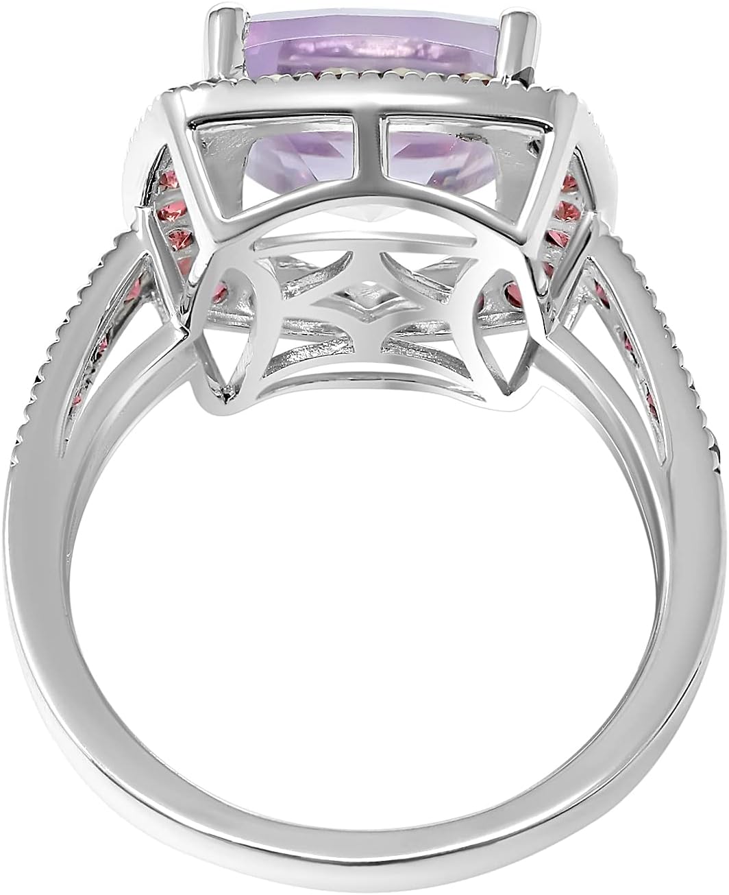 925 Sterling Silver Statement Ring Genuine Pink Amethyst Cushion with Rhodolite Garnet