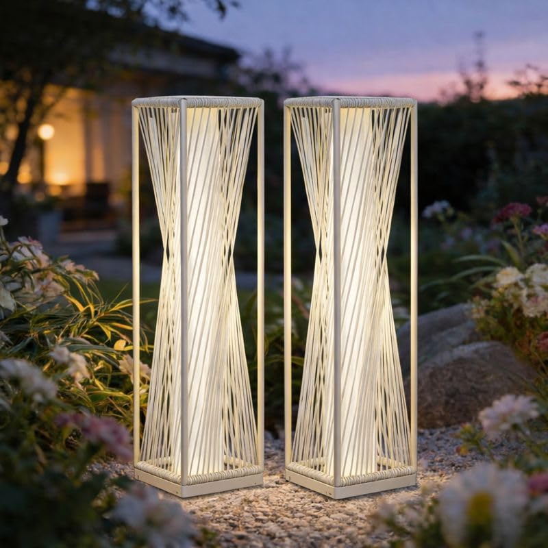 Solar Yard Outdoor Solar Floor Lamp Resin Wicker Solar Light Outdoor Waterproof for Yard, Garden, Pathway, Deck, Dazzle Dance (White, 2 Piece)