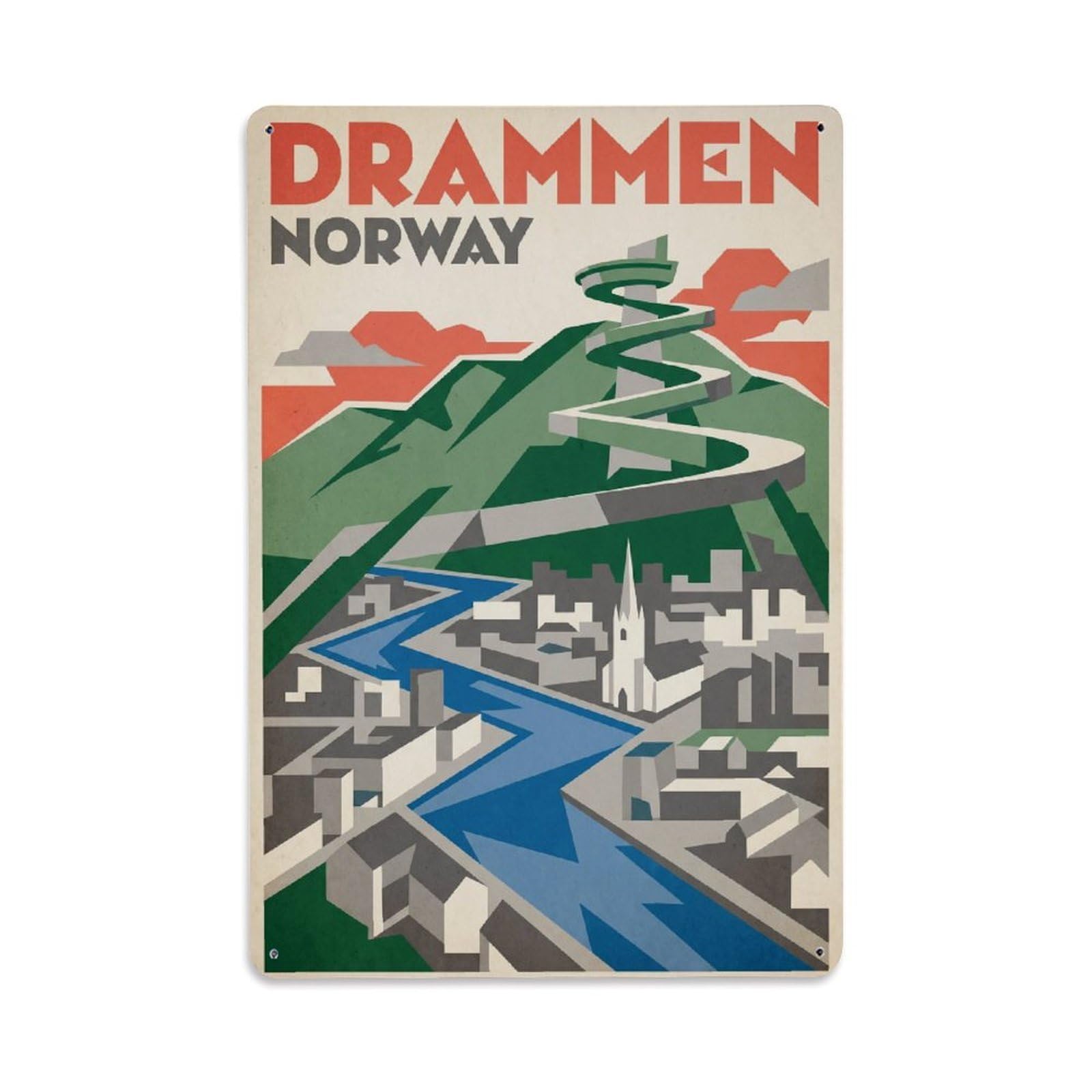 Norway Drammen Vintage Travel Metal Tin Sign Plaque Wall Decor for Cafe, Club Bar, Office, Garden Metal Poster 8x12Inch