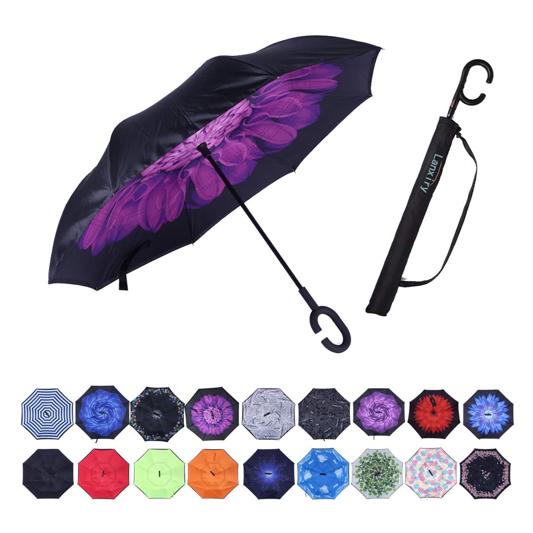 Umbrella,Large Double Layer Inverted Big C-Shaped Handle Reverse Long Umbrellas (purple flower)