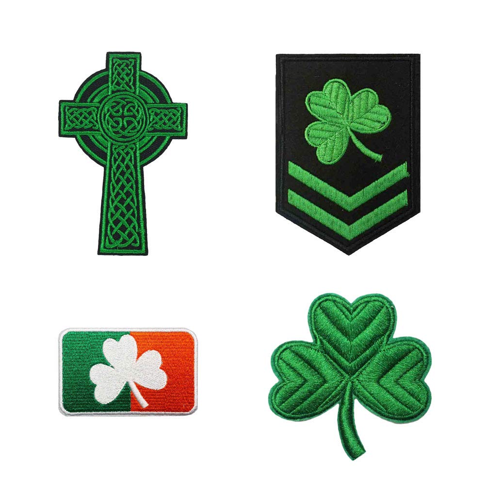 Cute-Patch St. Patrick's Day Patches Iron On, 4pc Set Irish Clover Flag Green Cross Embroidered Iron on Patches Shamrock Emblem