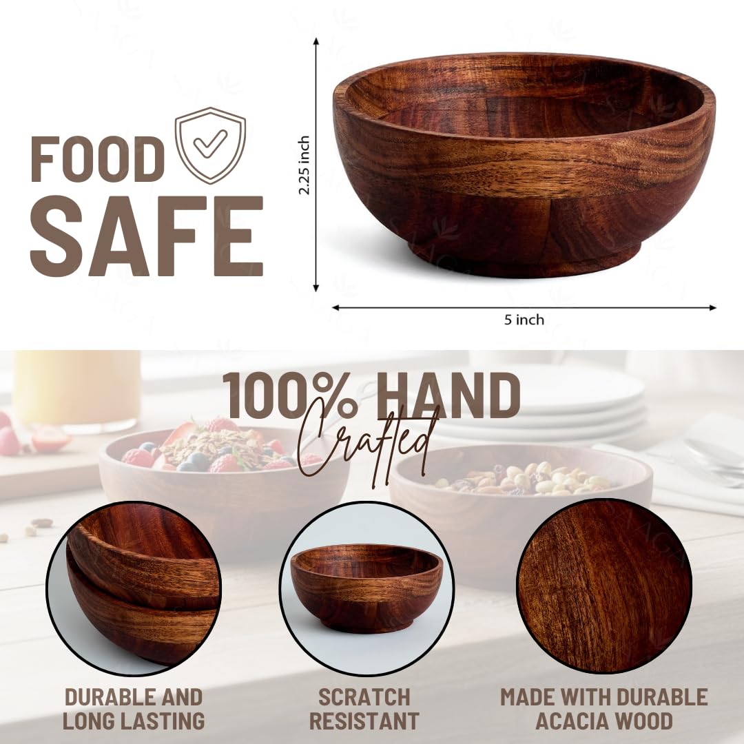 SAAGA Acacia Wood Round Bowl Set of 2 | 5 x 2.25 Inch Natural Wooden Serving Bowls for Soup, Salad, Fruits, Snacks, Dry Fruits, Vegetables & Dessert | Food-Safe Rustic Tableware 4