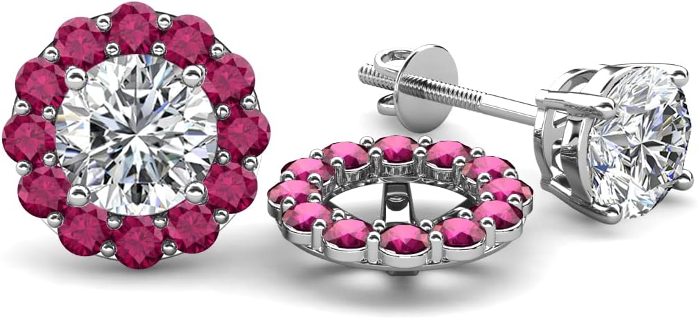 Round Rhodolite Garnet 0.81 ctw Halo Jackets for Stud Earrings in 14K White Gold