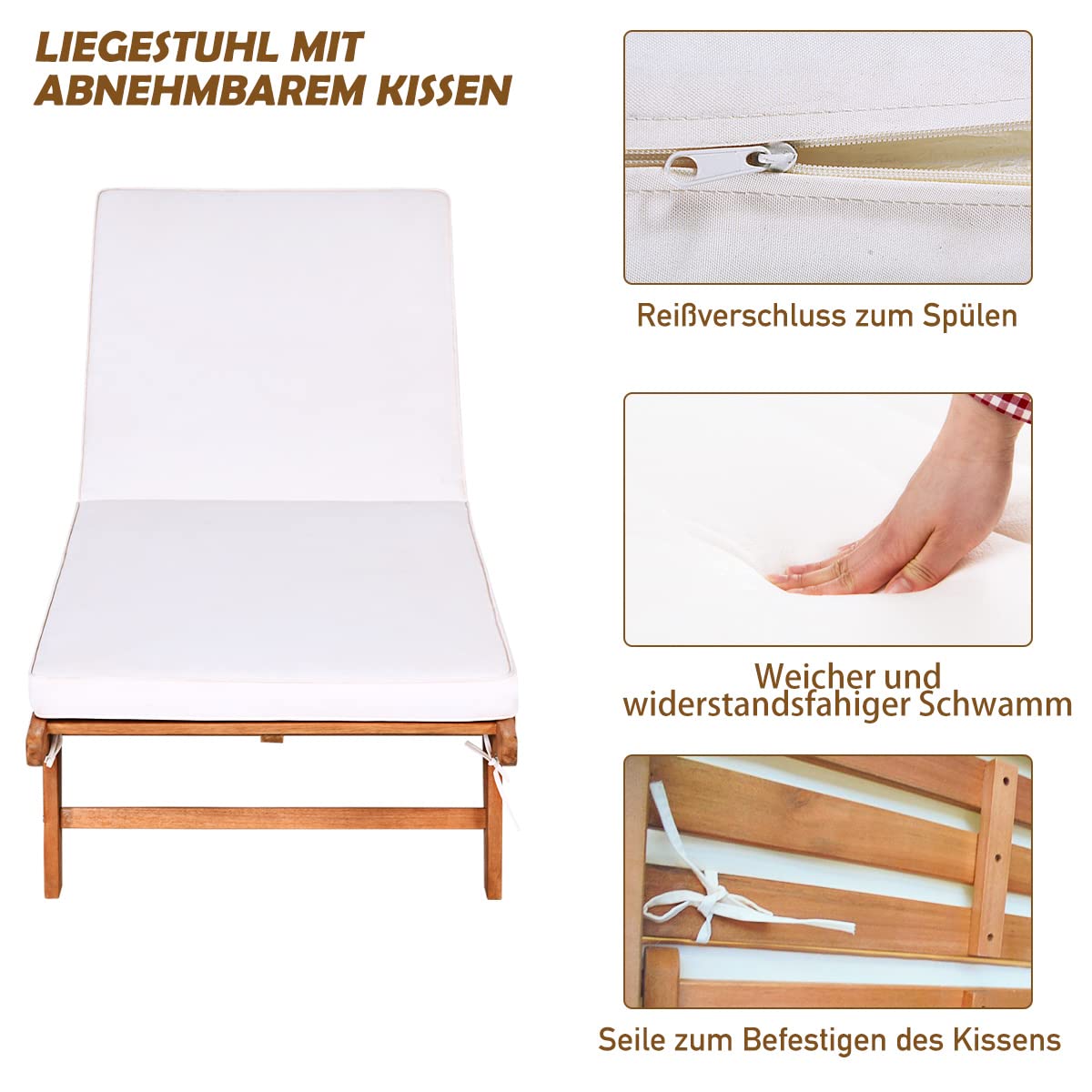 COSTWAY Sonnenliege mit Rollen und Auflage, klappbare Gartenliege mit Verstellbarer Rückenlehne, Liegestuhl aus Holz, Balkonliege, Strandliege für Garten, Balkon und Terrasse