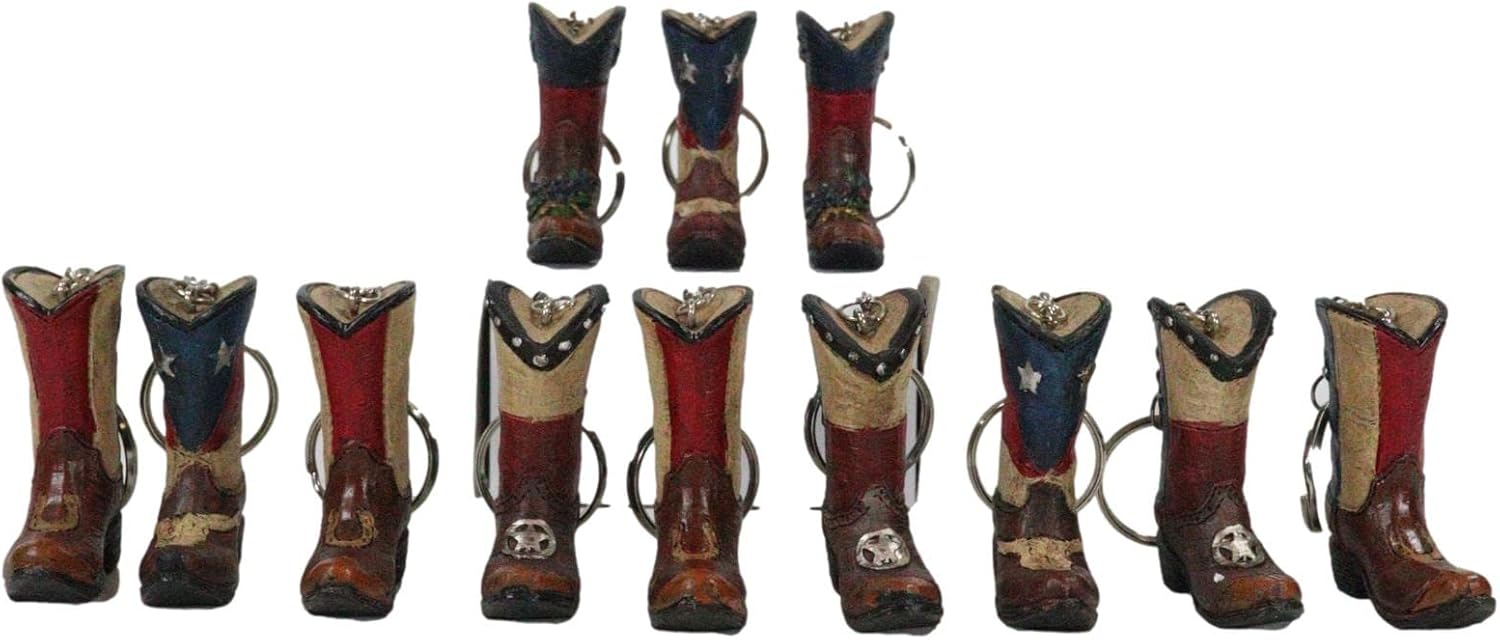 Ebros Pack of 12 Assorted Novelty Western Patriotic Texas Flag And Colors Vintage Faux Tooled Leather Finished Cowboy Cowgirl Country Boots Decorative Mini Keychain Figurines 2.25"H