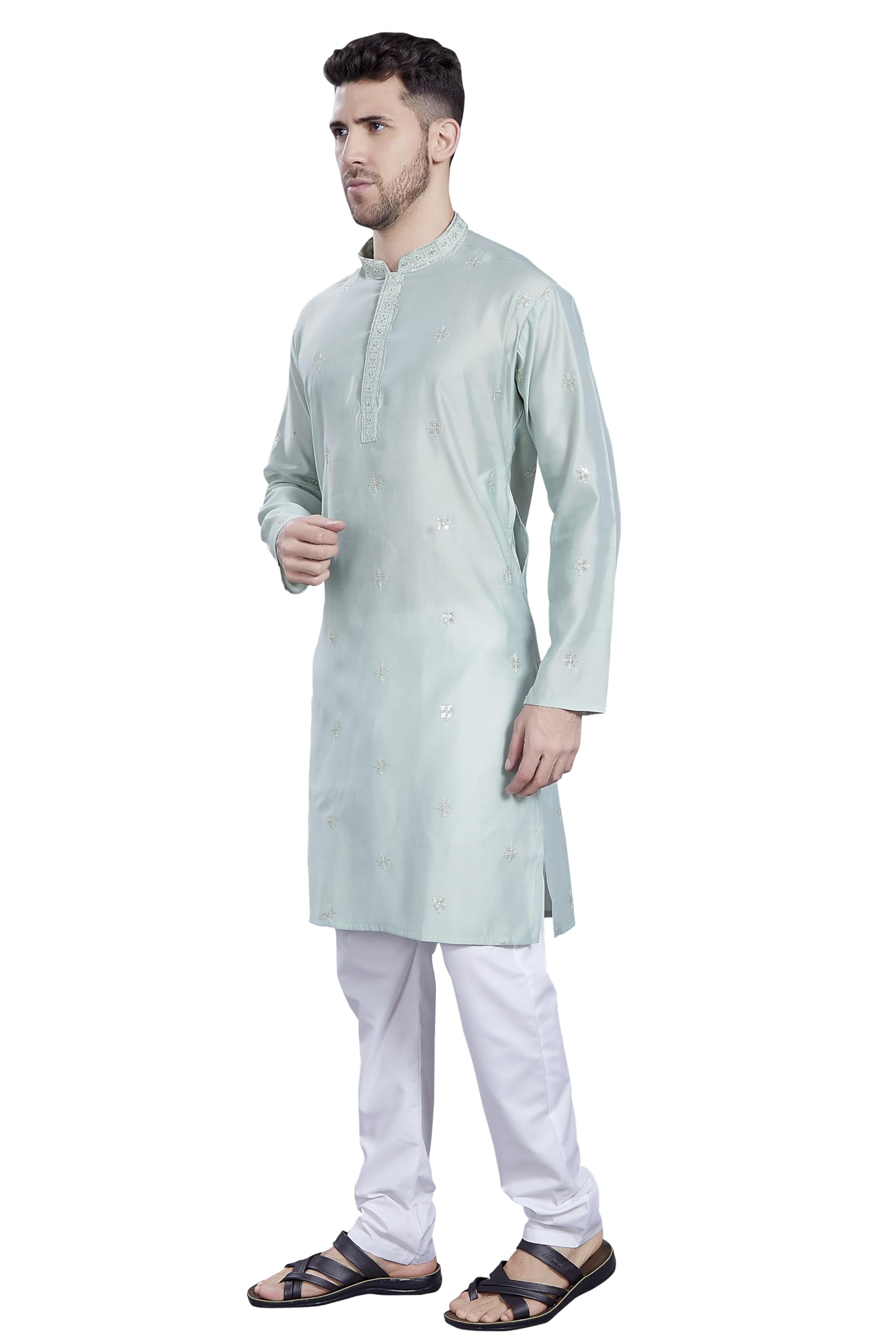 Divisive Men's Embroidered Silk Blend Only Slim Fit Kurta (Dkrt829_M_Pista)