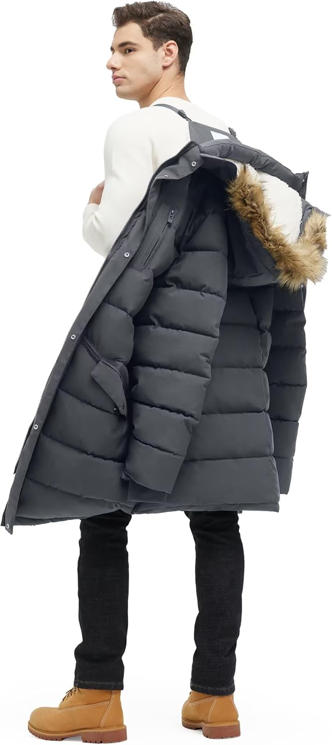 Men's Extra Long Fleece Puffer Jacket Outerwear Winter Coats Hooded Parka Warm Water-resistant Cold Weather - Image 6