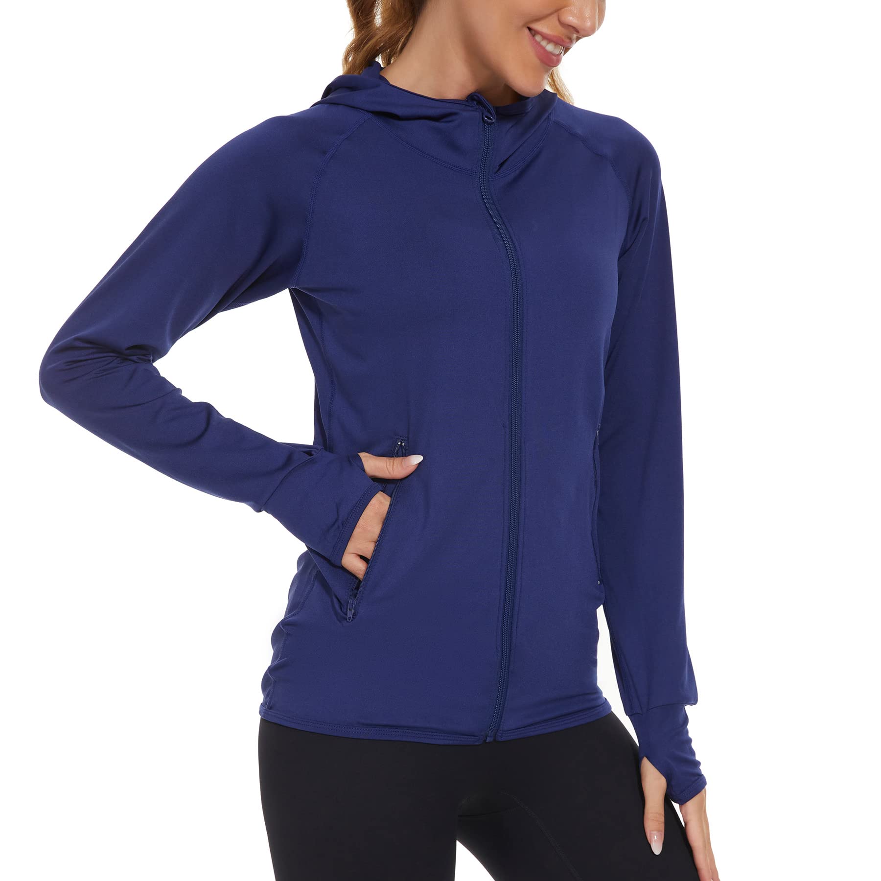 donhobo Hardloopjack voor dames, sportjack, lange mouwen, voor fitness, yoga, licht, ademend, ritssluiting met zakken, gat voor de, Cyaan, M