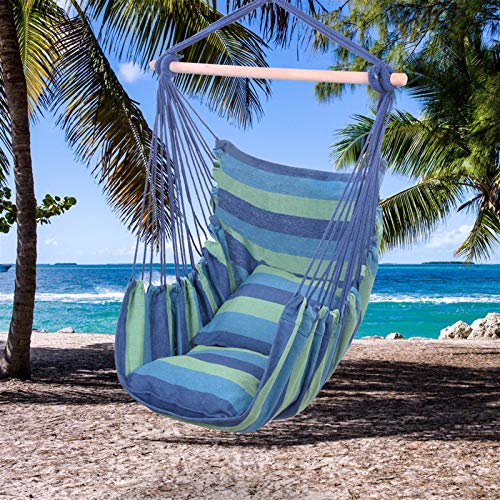 Cueamy Multicolor Hanging Rope Hammock Chair Swing Seat For Yard, Bedroom, Patio, Porch, Indoor / Outdoor - 2 Seat Cushions Included (Blue) #TOP7