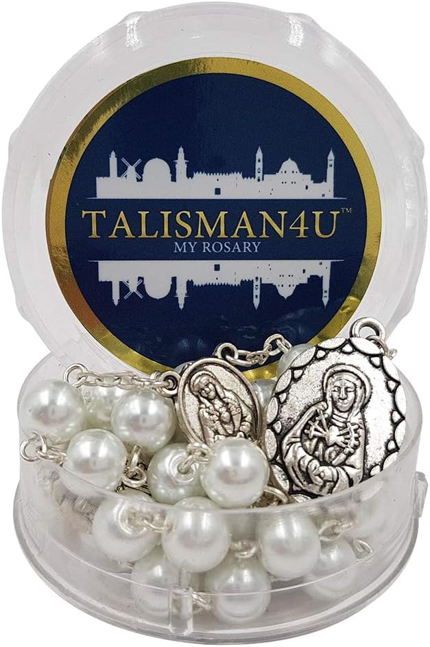 TALISMAN4U Seven Sorrows of Mary Rosary Chaplet White Glass Beads Catholic Jewelry Necklace for Women with Rosary Box