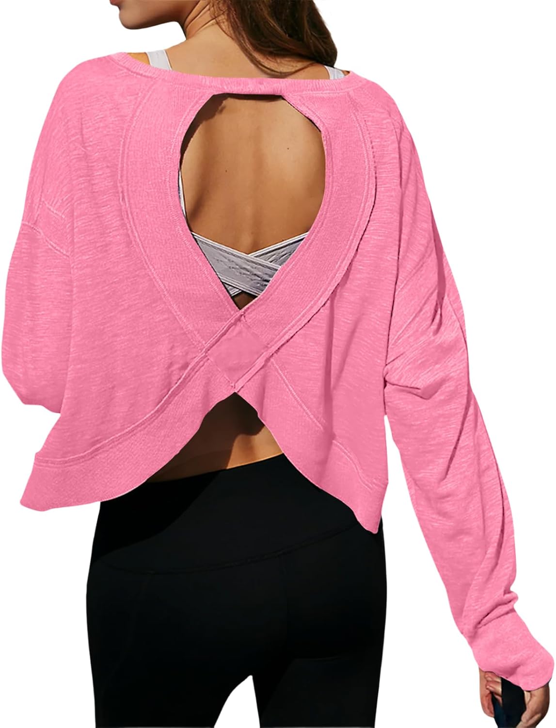 Open Back Workout Tops for Women Long Sleeve Casual Crop Athletic Shirts 100% Cotton Gym Yoga Backless Oversize Tops