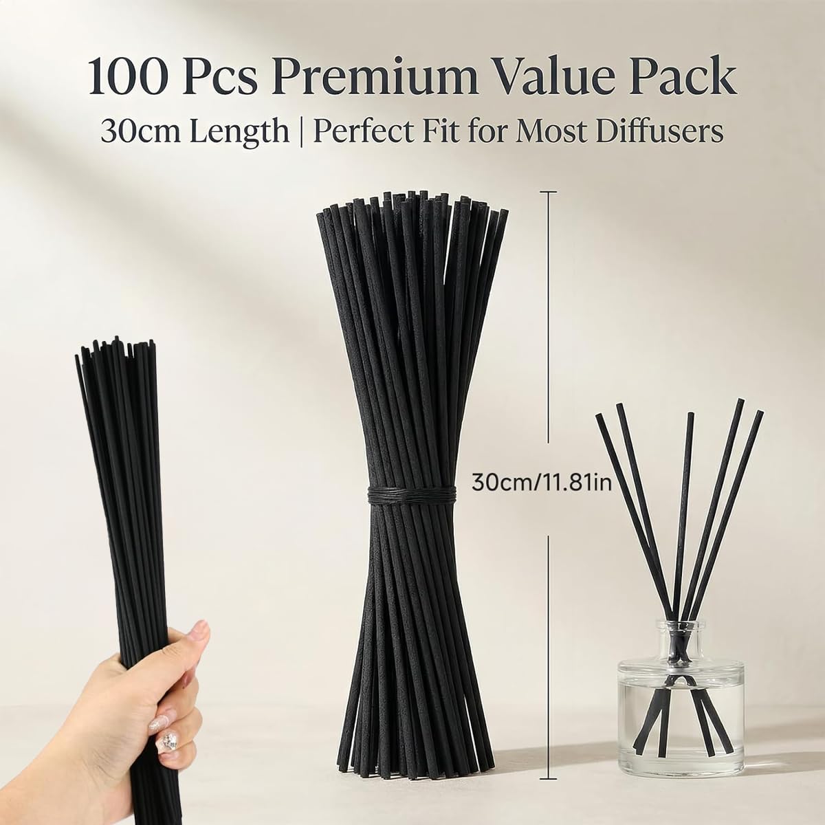 100 Varillas Negras Sin Desteñido para Difusor Mikado 20cm, Palos de Fibra de Alta Absorción para Ambientador Hogar, Set de Bastoncillos Repuesto para Fragancia y Esencias