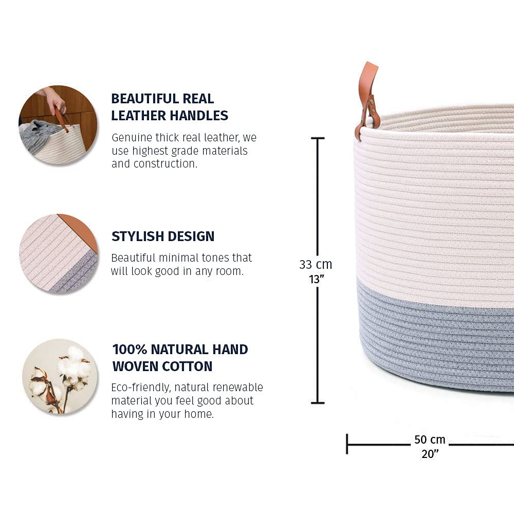 OrganiHaus Laundry Basket With Leather Handles, Extra Large Woven Cotton Rope Bin for Clothes Pillows & Towels - Image 2