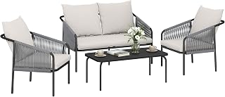 Outsunny Gartenmöbel Set 4-teilig Polyrattan Lounge-Set mit Zweisitzer 2 Sessel Couchtisch abnehmbar Kissen Bindebändern Stahlrahmen, Balkonmöbel für 4 Personen Sitzgruppe für Garten Balkon Khaki